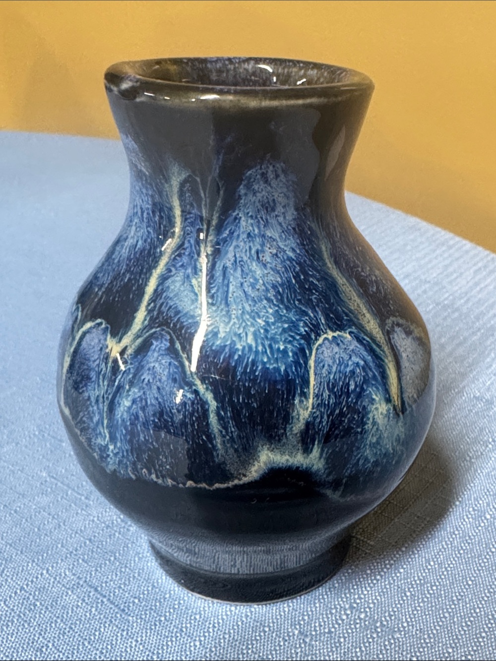 Bud vase glazed in blue over black Handcrafted signed CY 4” tall
